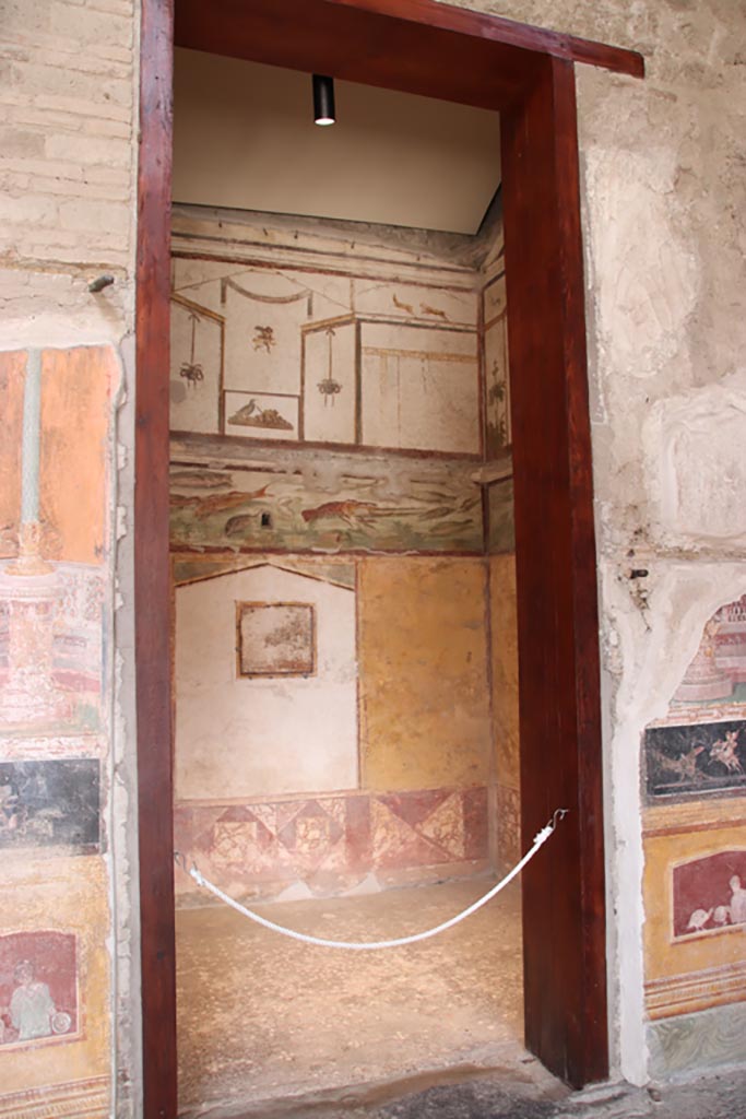 VI.15.1 Pompeii. January 2017. 
Detail of painted panel from east wall of atrium between doorways to bedroom on left of main entrance and oecus on south side. 
Foto Annette Haug, ERC Grant 681269 DÉCOR.
