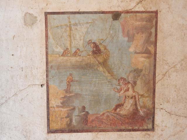 VI.15.1 Pompeii. May 2017. North wall of bedroom on left of main entrance, with painting of Ariadne being abandoned by Theseus. Photo courtesy of Buzz Ferebee.
