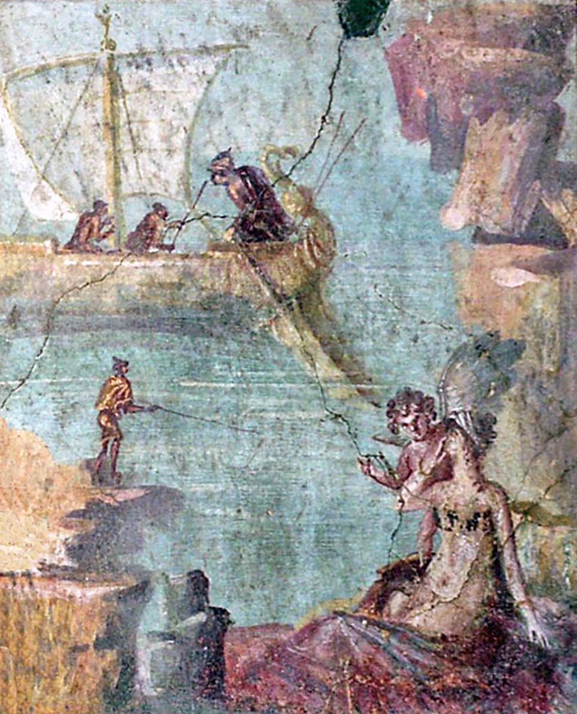 VI.15.1 Pompeii, October 2001. 
North wall of bedroom on south of entrance corridor, with central painting of Ariadne being abandoned by Theseus. 
Ariadne is being watched over by a cupid. Photo courtesy of Peter Woods.
