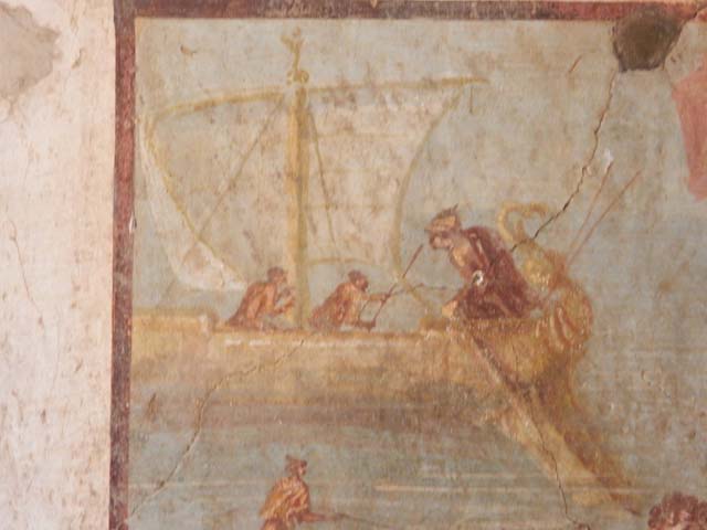 VI.15.1 Pompeii, October 2001. 
North wall of bedroom on south of entrance corridor, with central painting of Ariadne being abandoned by Theseus.
Ariadne is being watched over by a cupid.  
Photo courtesy of Peter Woods.
