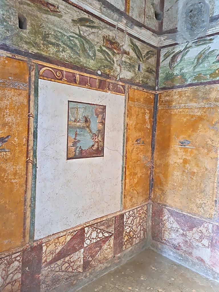 VI.15.1 Pompeii. April 2023. 
Looking east along north wall of cubiculum towards north-east corner. Photo courtesy of Giuseppe Ciaramella.
(PPM – room d).
