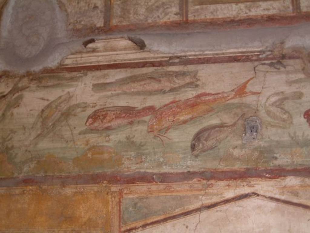 VI.15.1 Pompeii.  Detail of frieze showing fish and marine life, May 2001.
Courtesy of Current Archaeology.

