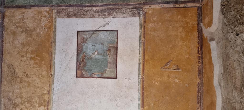VI.15.1 Pompeii. January 2023.
Central panels on south wall of bedroom, with painting of Leander swimming towards his beloved Hero in her tower. 
Photo courtesy of Miriam Colomer.
