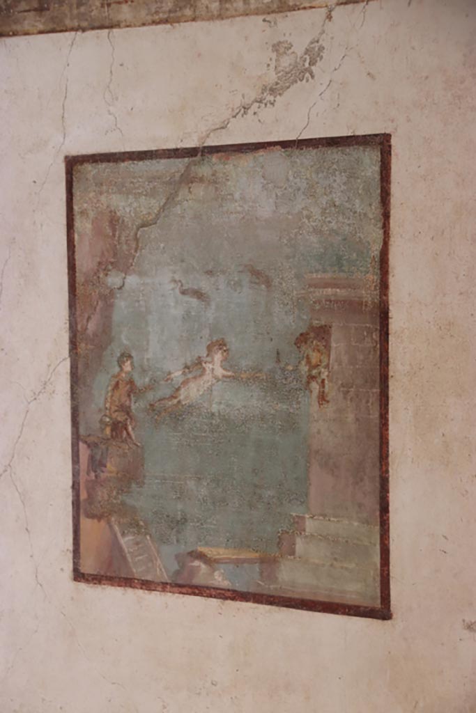 VI.15.1 Pompeii. October 2023. 
Central panel on south wall of bedroom (d). Photo courtesy of Klaus Heese.
