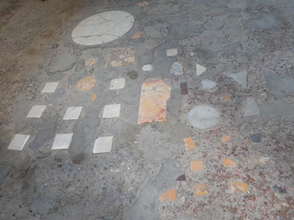 VI.15.1 Pompeii. May 2017. Flooring in oecus (e), looking south. Photo courtesy of Buzz Ferebee.
The cocciopesto floor with polychrome marble tiles and flakes arranged to outline a sort of central carpet dates back to the 1st century BC.
See Carratelli, G. P., 1990-2003. Pompei: Pitture e Mosaici. Roma: Istituto della enciclopedia italiana, p. 486.
