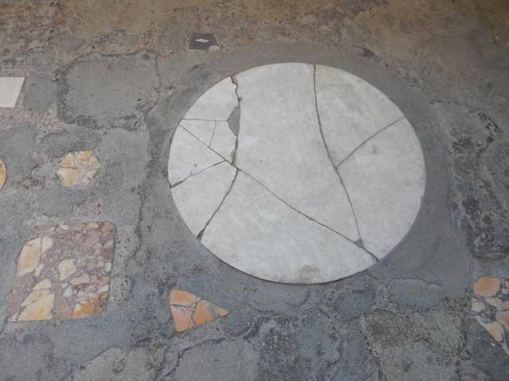 VI.15.1 Pompeii. May 2017. Detail of circular marble tile in floor in oecus (e), looking east. Photo courtesy of Buzz Ferebee.