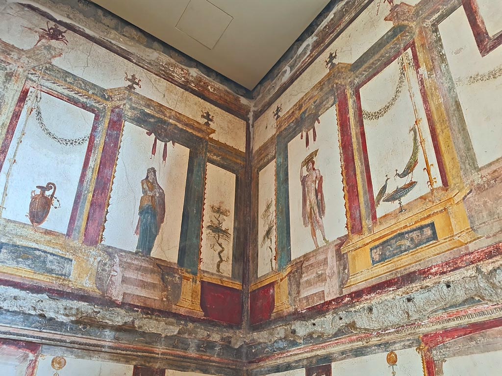 VI.15.1 Pompeii. April 2023. Upper north-east corner of oecus (e ) on south side of atrium. Photo courtesy of Giuseppe Ciaramella.