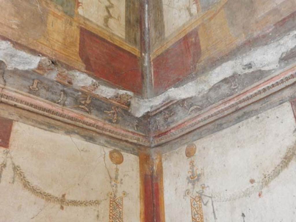 VI.15.1 Pompeii. May 2017. Detail from decoration in north-east corner of oecus on south side of atrium. Photo courtesy of Buzz Ferebee.
