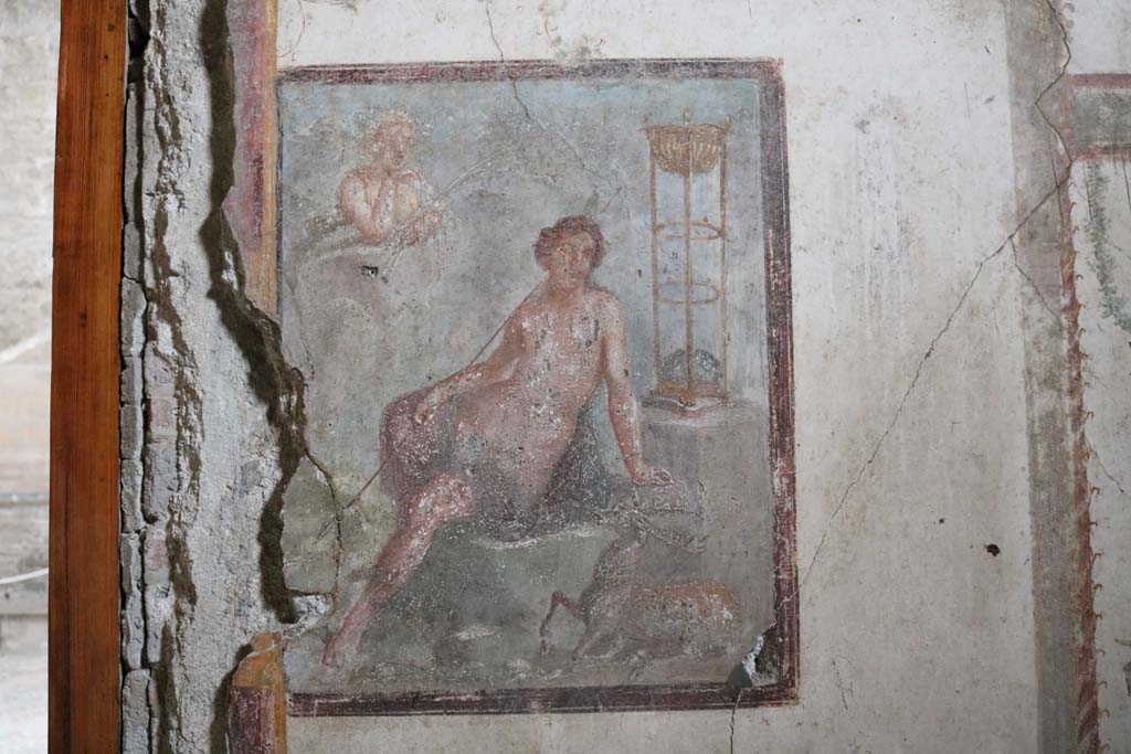 VI.15.1 Pompeii. December 2018. 
North wall of oecus on south side of atrium, wall painting of the Metamorphosis of Cyparissus. Photo courtesy of Aude Durand.
