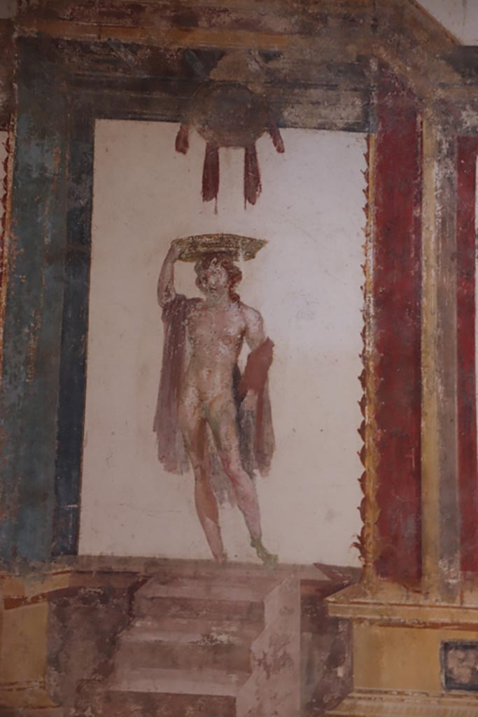 VI.15.1 Pompeii. October 2023. 
Detail of painting from upper east wall at north end. Photo courtesy of Klaus Heese.
