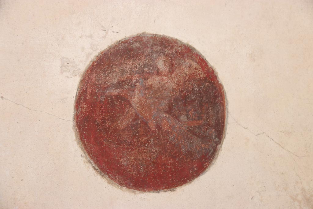 VI.15.1 Pompeii. October 2023. Medallion in panel at south end of east wall. Photo courtesy of Klaus Heese.