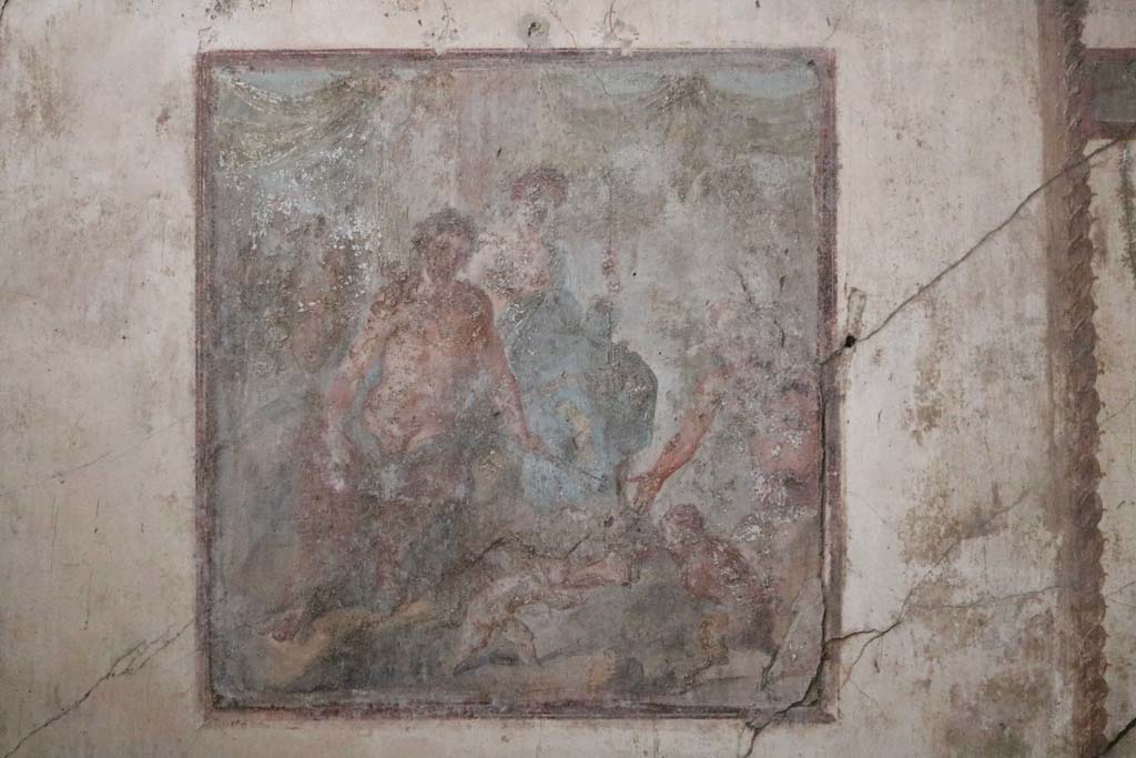 VI.15.1 Pompeii. January 2017. South wall of oecus with wall painting showing the fight between Eros and Pan.
Foto Annette Haug, ERC Grant 681269 DÉCOR.

