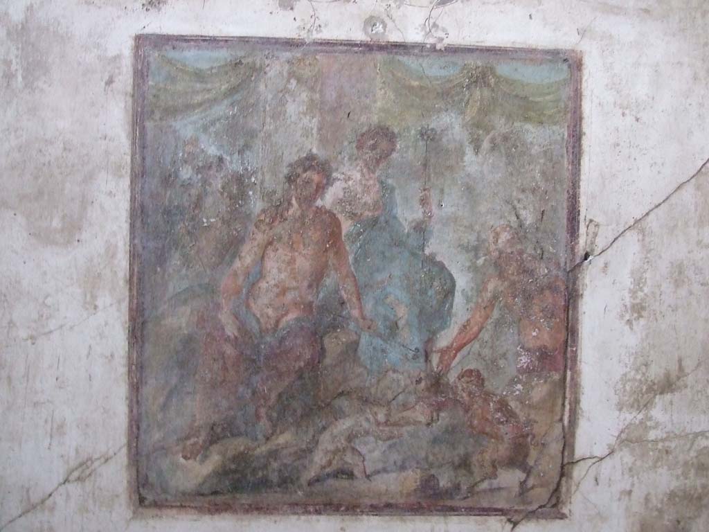 VI.15.1 Pompeii. December 2006. Oecus on south side of atrium with wall painting showing the fight between Eros and Pan.

