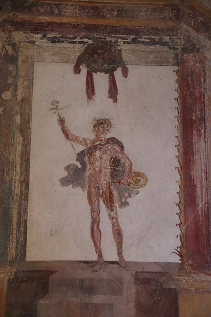 VI.15.1 Pompeii. May 2017. Detail from central painting on south wall showing the fight between Eros and Pan.  Photo courtesy of Buzz Ferebee.
