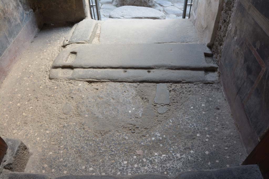 VI.15.1 Pompeii. May 2017. Thresholds of doorways,  and flooring from vestibule lava step down to entrance. Photo courtesy of Buzz Ferebee.
