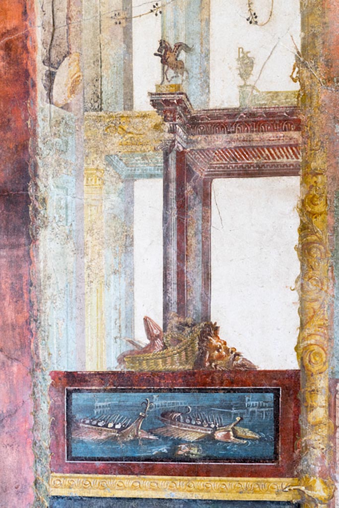 VI.15.1 Pompeii. December 2018. 
North wall of exedra, central wall painting of Daedalus showing Pasiphae the wooden cow. Photo courtesy of Aude Durand.
