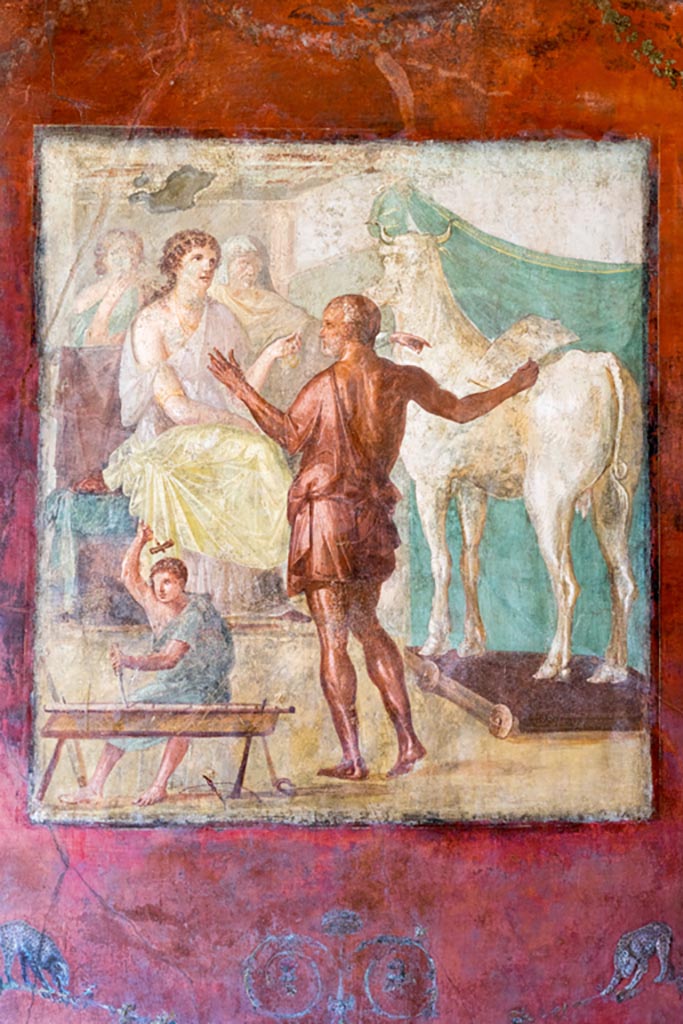 VI.15.1 Pompeii. May 2017. Detail from central painting showing Pasiphae and Daedalus. Photo courtesy of Buzz Ferebee.
