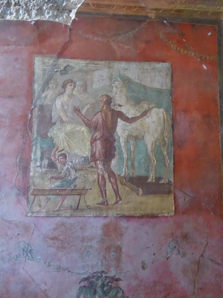 VI.15.1 Pompeii. May 2017. Detail from central painting showing Daedalus. Photo courtesy of Buzz Ferebee.
