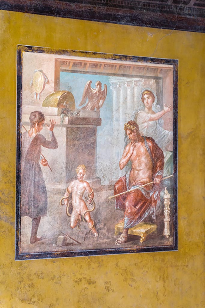 VI.15.1 Pompeii. December 2006. Architectural wall painting on north wall in north-east corner of exedra.