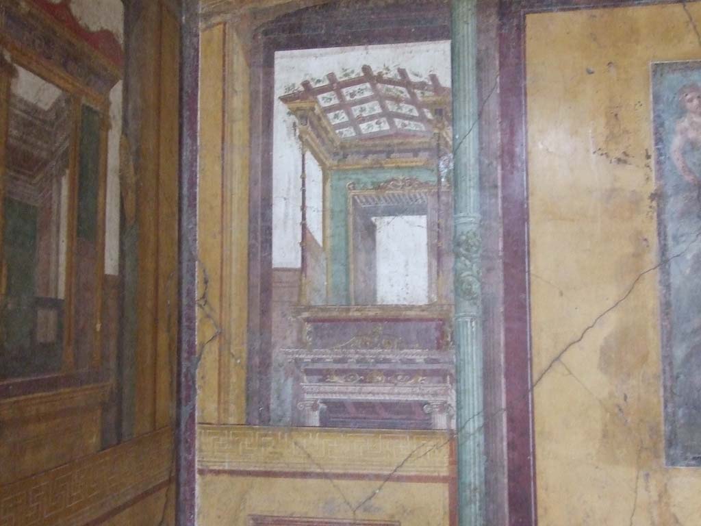 VI.15.1 Pompeii. December 2006.Architectural wall painting on south wall in south-east corner of exedra.
