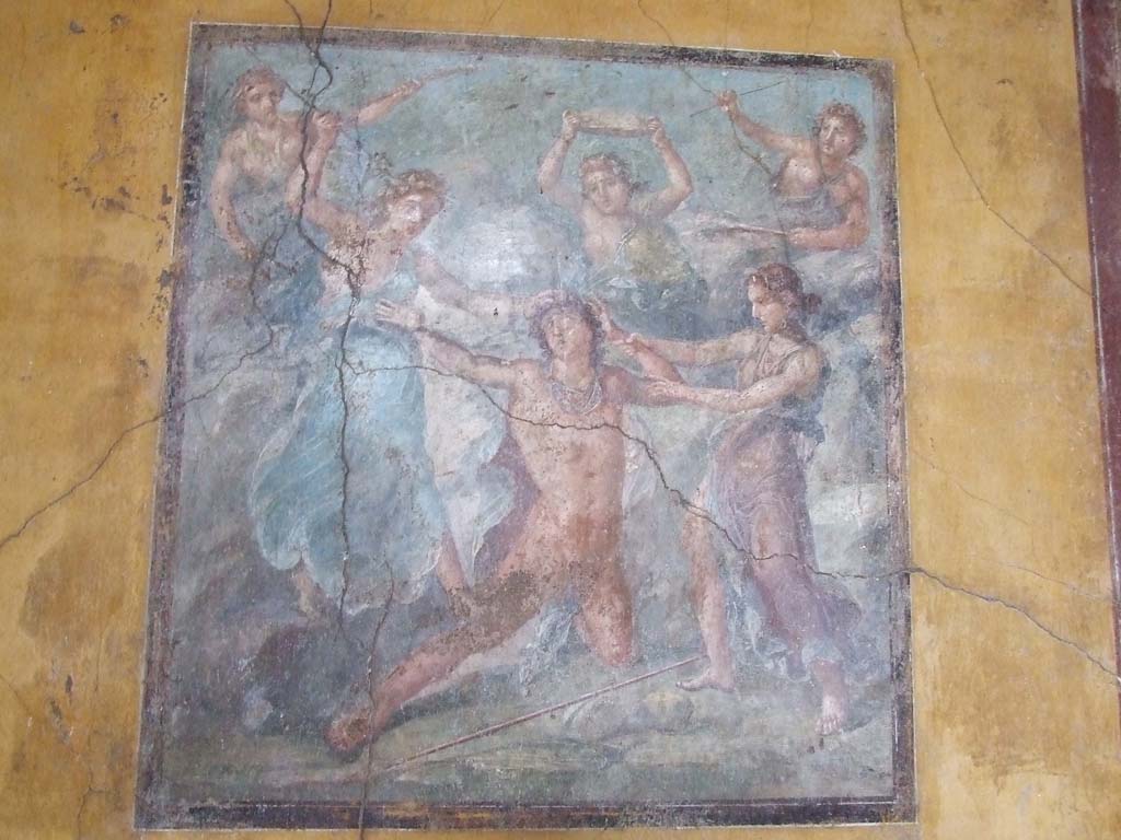 VI.15.1 Pompeii. December 2006. South wall of exedra with painting of the punishment of Dirce.