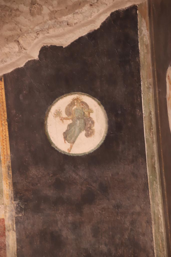 VI.15.1 Pompeii. October 2023. 
Triclinium “t”, detail of painted figure in medallion at the south end of the east wall. Photo courtesy of Klaus Heese.
