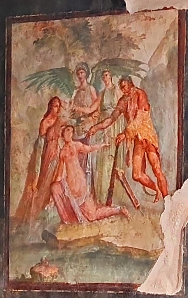 VI.15.1 Pompeii. April 2023. 
Central painting of Hercules and Auge, from south wall of triclinium “t”. 
Photo courtesy of Giuseppe Ciaramella.
