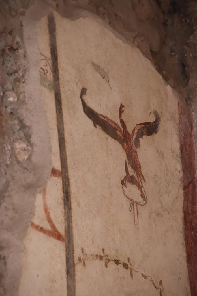 VI.15.1 Pompeii. October 2023. 
White cubiculum “u”, detail of painted swan from upper north wall at east end.

