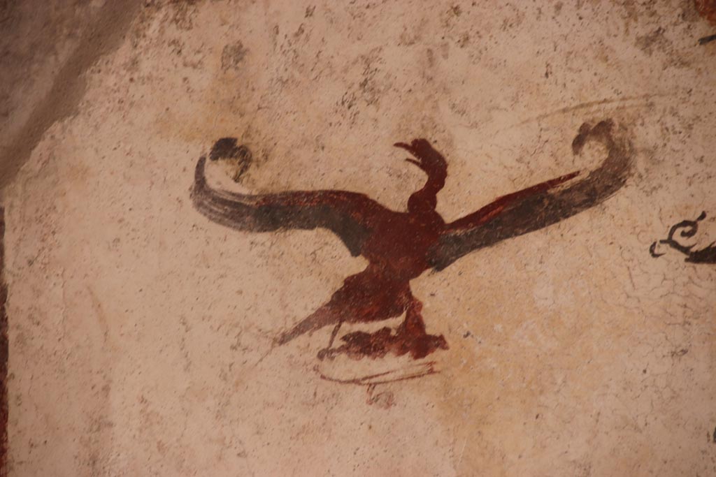 VI.15.1 Pompeii. October 2023. 
White cubiculum “u”, detail of painted swan from north end of upper east wall. Photo courtesy of Klaus Heese.
