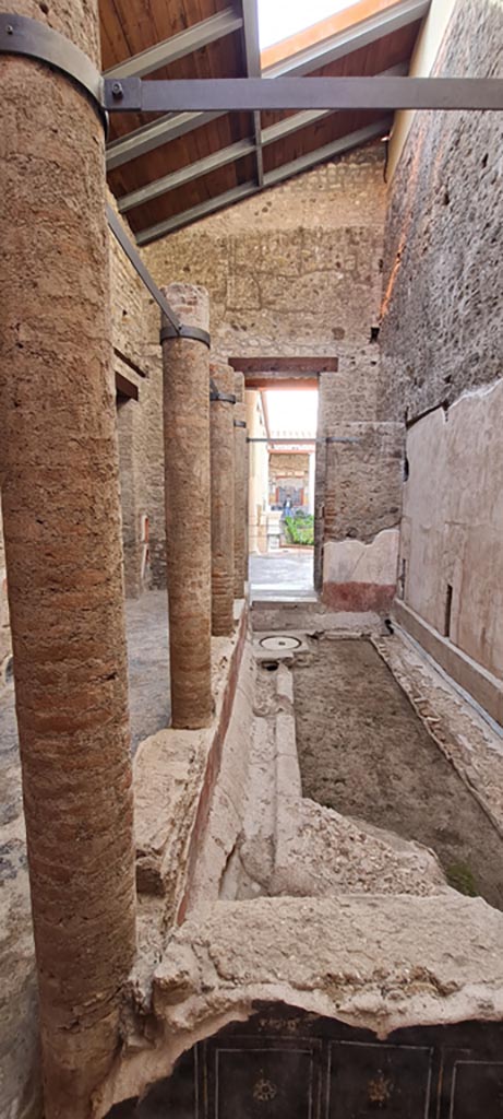VI.15.1 Pompeii. April 2023. 
Looking south across courtyard “s” towards doorway to large peristyle “m”.
Photo courtesy of Giuseppe Ciaramella.


