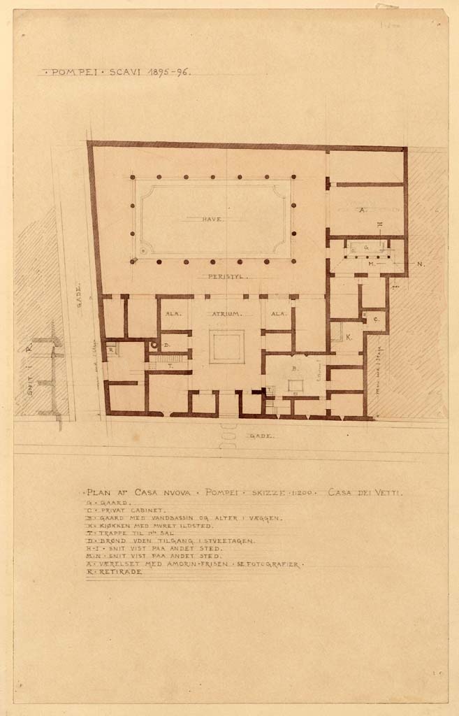 VI.15.1 Pompeii. Plan/Painting by Harald Harppth (1866-1900).
The area of the small peristyle/garden "s" can be seen in the centre, on the right.
The two paintings below, would have been seen on the pilaster between H – I on the west side, and between M – N on the north wall.
Photo © Danmarks Kunstbibliotek inv. no ark_17516a.

