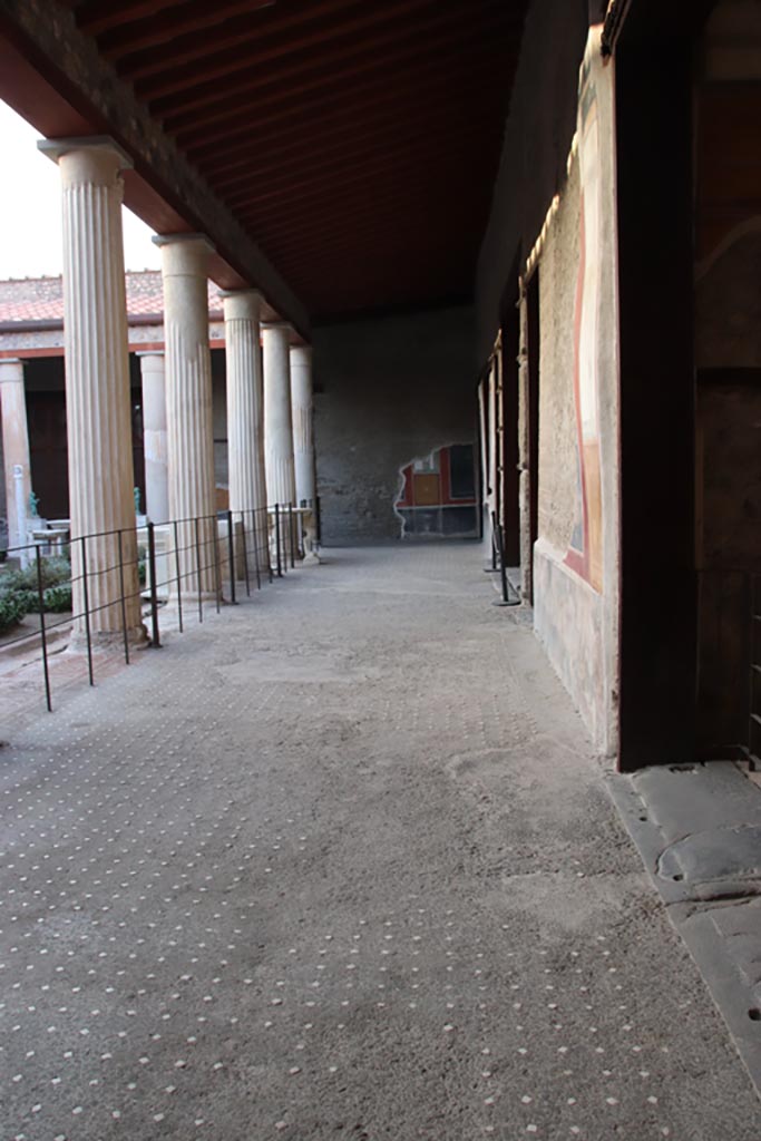 VI.15.1 Pompeii. December 2006. East side of peristyle, looking south.
The doorway on the left leads into the atrium, the next large doorway is to the Exedra in the SE of the peristyle, go to plan to view this room (PPM room - n).
The small doorway at the end of the east wall, is the doorway in the south-east corner of the peristyle. (PPM room – o).

