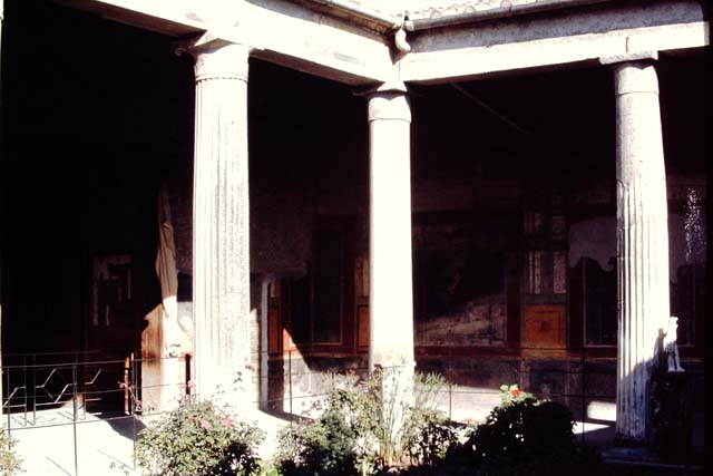VI.15.1 Pompeii. January 2023. Lead pipe in corner of peristyle garden. Photo courtesy of Miriam Colomer.