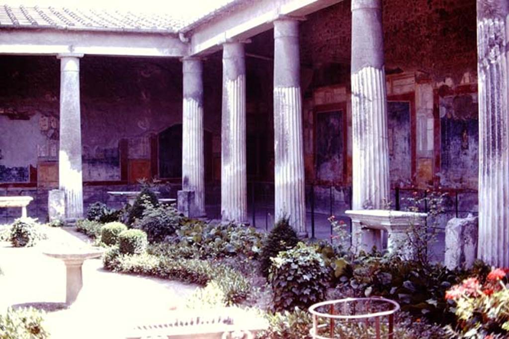 VI.15.1 Pompeii, 1978. Looking towards the south-west corner of the peristyle. Photo by Stanley A. Jashemski.   
Source: The Wilhelmina and Stanley A. Jashemski archive in the University of Maryland Library, Special Collections (See collection page) and made available under the Creative Commons Attribution-Non Commercial License v.4. See Licence and use details. J78f0244
