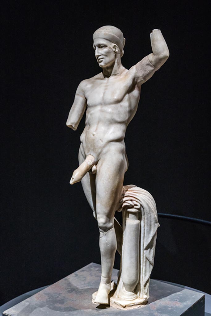 VI.15.1 Pompeii. January 2023. 
Statue of Priapus displayed in exhibition in Palaestra. Photo courtesy of Johannes Eber.


