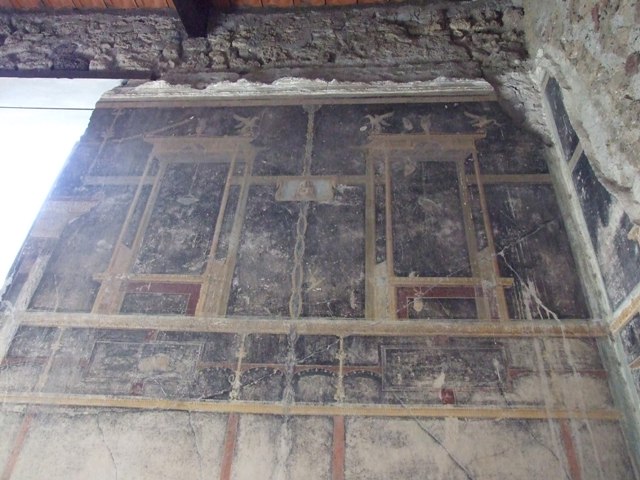 VI.15.6 Pompeii. March 2009. Room 15. Triclinium. North wall. Detail of Venus and Adonis in wall painting.