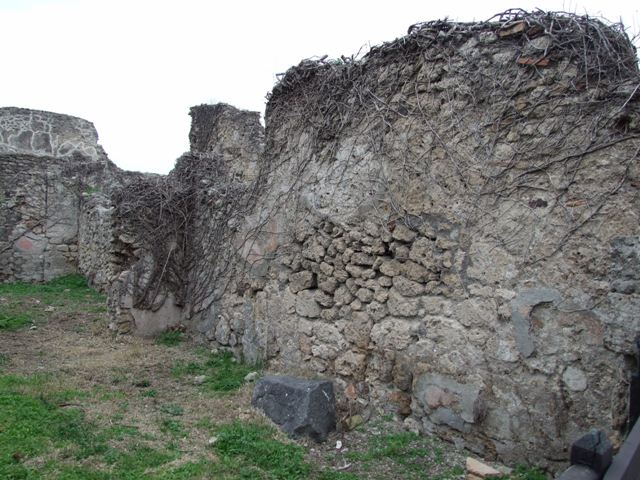 VI.16.11 Pompeii. December 2007. South wall and corridor leading to rear. According to Liselotte Eschebach, on the left, this wall used to have a base for a staircase to the upper floor against it, as well as a lararium. See Eschebach, L., 1993. Gebäudeverzeichnis und Stadtplan der antiken Stadt Pompeji. Köln: Böhlau. (p.227)
According to Boyce, there was a ruined niche in the west wall, coated with white stucco bordered with red stripes; red and green garlands were painted on the back wall of it. See Boyce G. K., 1937. Corpus of the Lararia of Pompeii. Rome: MAAR 14. (p.58)
.