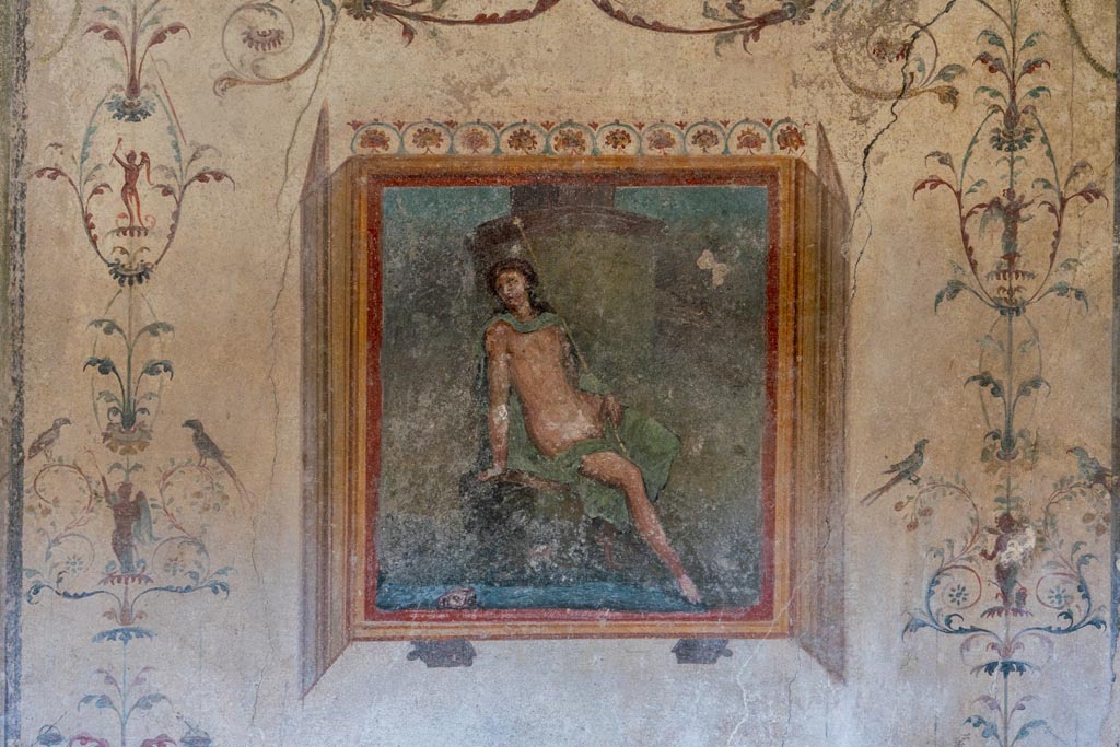 VI.16.15 Pompeii. January 2024. Wall painting of Narcissus on west wall of tablinum D. Photo courtesy of Johannes Eber.

