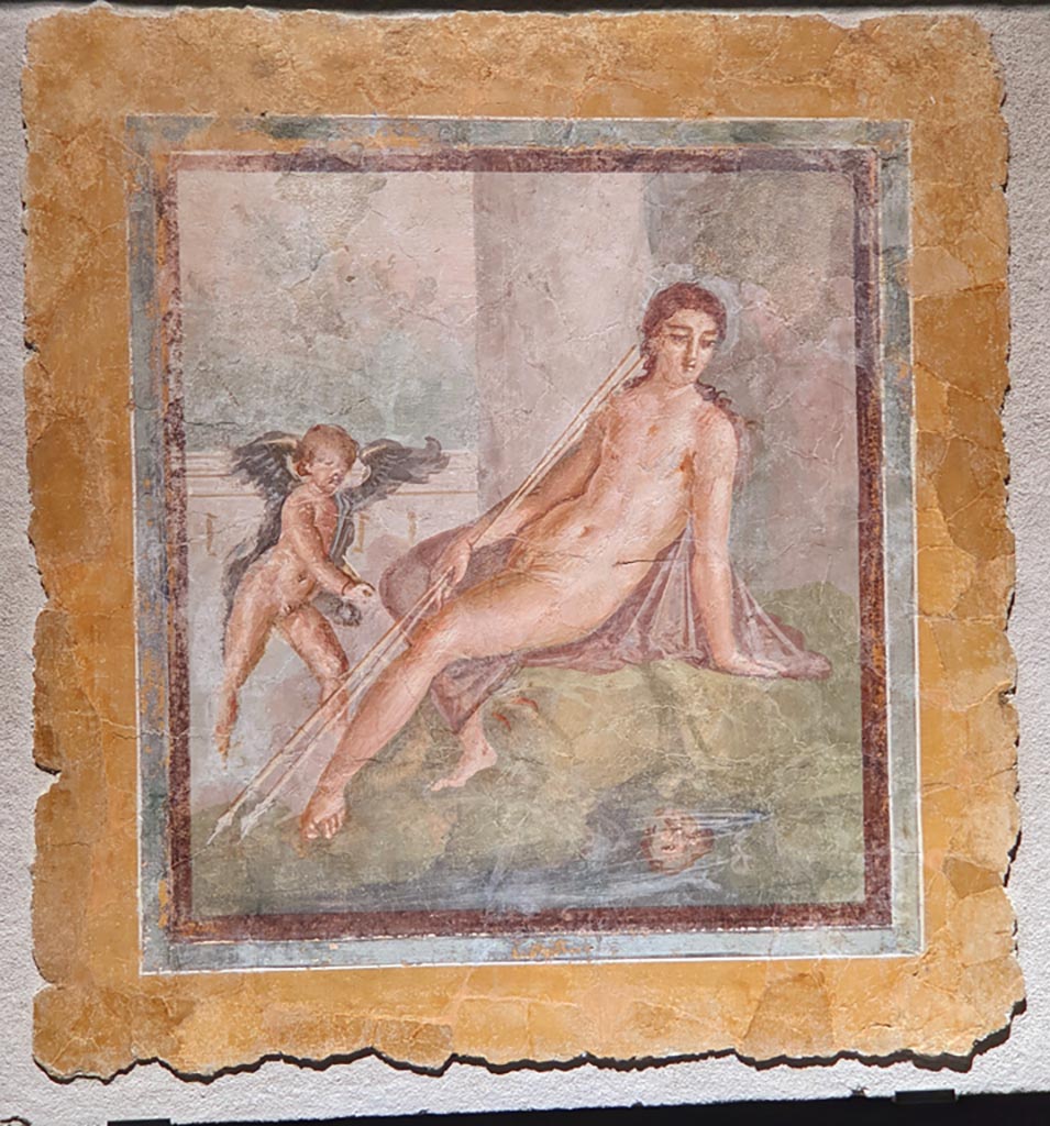 Insula Occidentalis, Pompeii. April 2022.
Narcissus looking at his reflection in the water with a cherub at his side. Photographed in an exhibition in the Palaestra 2022.
Photo courtesy of Giuseppe Ciaramella.
