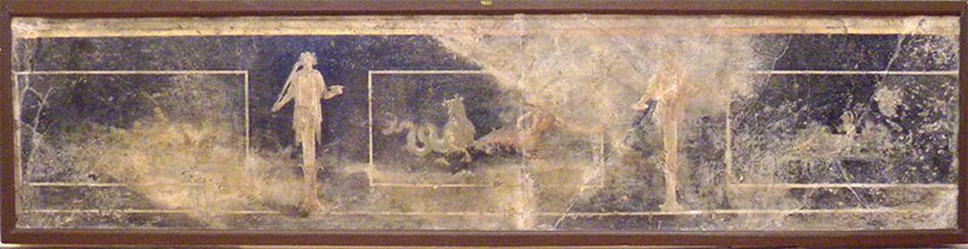 VI.17.25 Pompeii?  Zoccolo painting found on 3rd November 1764.
Now in Naples Archaeological Museum. Inventory number 9688.
(Pagano & Prisciandaro list this as from VI.17.25, but was this under the Irace property?)
See Pagano, M. and Prisciandaro, R., 2006. Studio sulle provenienze degli oggetti rinvenuti negli scavi borbonici del regno di Napoli. Naples: Nicola Longobardi, p. 50. 

According to CulturaItalia, this is marine scene on a black plinth with three white bordered interior frames.
The central frame has a marine bull and a centaur with a lobster body. 
The side frames have scenes with pygmies that are barely legible. 
Between the frames there are two herms with satyrs with crowns of foliage and wearing short tunics. 
The left satyr has a cup in his left hand and a stick placed on the right shoulder. 
The right satyr has a patera in his right hand and a stick resting in his left shoulder.

See CulturaItalia - Mostri Marini
