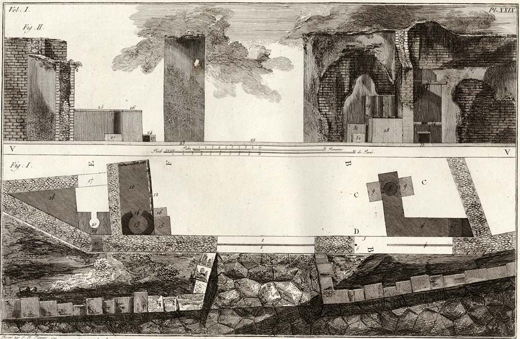 VI.17.1 Pompeii, doorway in centre, VI.17.2 entrance to Thermopolium, on right. Pre-1804. 
Drawing by Piranesi, described as “Plan and sides of the 1st Tavern, showing the parapets, the hearths, the chimney and latrine.”
Fig. 1, looking west from Via Consolare, Fig. II, looking east from interior towards Via Consolare.
(Note this engraving has been reversed, the latrine, on the left, should be on the right near the Herculaneum Gate, the entrance to VI.17.2.
 should be on the left.)
See Piranesi, F, 1804. Antiquités de la Grande Grèce : Tome I. Paris : Piranesi and Le Blanc. Vol. I, pl. XXIX.

