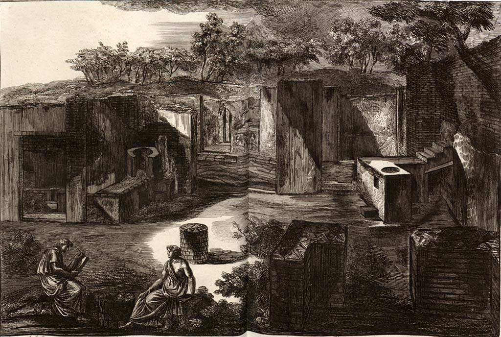 VI.17.1 Pompeii, on left, and VI.17.2, on right. Pre-1804.
Drawing by Piranesi, looking east towards doorway to Via Consolare, on the left is the latrine, and hearth.
On the right is the bar room of VI.17.2, which has now been separated by a “modern” wall, on the south side of entrance to VI.17.1.
See Piranesi, F, 1804. Antiquités de la Grande Grèce : Tome I. Paris: Piranesi and Le Blanc. Vol. I, pl. XXXI.
