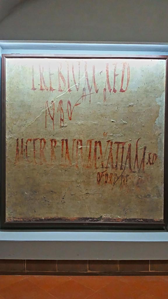 VI.17.7 Pompeii. 
Fragment of plaster painted in red, found in the vicinity of VI.17.7 and VI.17.8. 
On display in Naples Archaeological Museum, inv. 4673. Photo courtesy of Giuseppe Ciaramella, June 2017.
