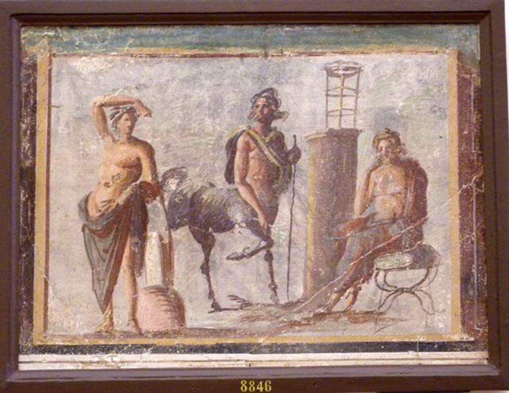 VI.17.9-10 Pompeii. Found 20-29 October 1763. Apollo, Chiron and Asclepius or Aesculapius.
Now in Naples Archaeological Museum. Inventory number 8846.
This painting and inventory number 9127 were found on two walls in the same room.
See Antichità di Ercolano: Tomo Setto: Le Pitture 5, 1779, p.217-221, pl.50.
(This has also been entered into VIII.3.14, although it was not excavated until the early 1800’s).


