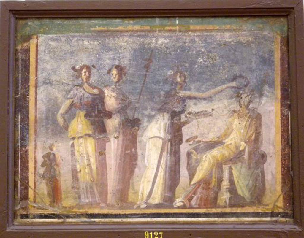 VI.17.9-10 Pompeii. Found 20-29 October 1763. Nymphs in a Bacchic rite.
Now in Naples Archaeological Museum. Inventory number 9127.
This painting and inventory number 8846 were found on two walls in the same room.
See Antichità di Ercolano: Tomo Setto: Le Pitture 5, 1779, p.217-221, pl.50.
(This has also been entered into VIII.3.14, although it was not excavated until the early 1800’s).

