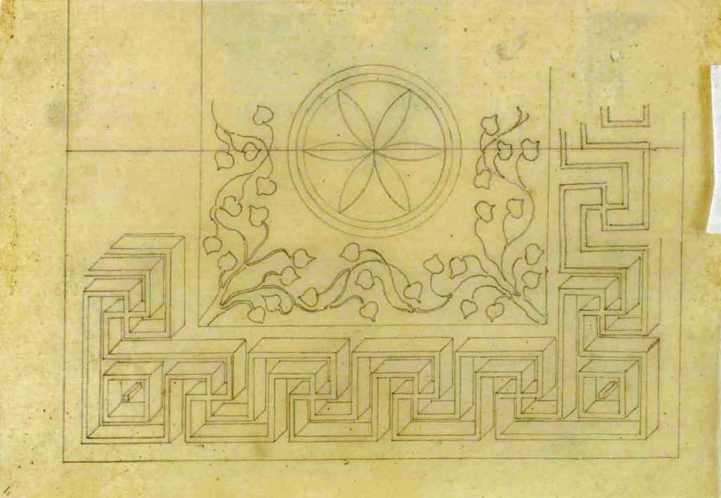 VI.17.9-10 Pompeii. Sketch of mosaic floor with meander pattern, foliage and geometric centre.
See Debret F. (1777-1850), Piranesi F. (1758-1810), LaBrouste H. (1801-1875). Voyage en Italie-De Naples à Paestum, pl. 114.
INHA Identifiant numérique : NUM PC 77832 (07). See book on INHA Les documents sont placés sous « Licence Ouverte / Open Licence » Etalab 
