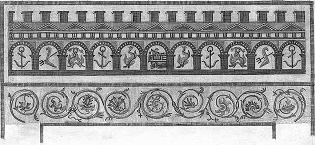VI 17.10 Pompeii. 1843 drawing of mosaic with doors with sea features, similar to description by La Vega. 
The doors are in the sequence given by La Vega but an extra door with anchor on each end gives 11 rather than 9 doors.
There is no description given in Raccolta 1843 to indicate where it may be from and the plates are unnumbered.
It may be the second similar mosaic mentioned or may not be from this house.
See Raccolta delle pui interessanti Dipinture e di pui belli Musaici, 1843. 
According to Allroggen-Bedel, in La Vega’s room 8, between the 7th and 14th November, 3 paintings were excavated and cut out showing the prows of boats.
Two similar mosaics with boats were found in the same house as the paintings.  
La Vega described mosaic thresholds as coming from room 2 and room 7, where under arches, ships prows and other sea-faring attributes could be seen.
The mosaic thresholds, (approximately 3.56m x 0.97m) composed of white, black, yellow, red and green, showing architecture of  9 doors in which you could observe the following -
In the first door - a trident, 
in the 2nd - dolphins, 
in the 3rd - an anchor, 
in the 4th - one dolphin, 
in the 5th - a stern of a ship with rudder, 
in the 6th - another dolphin, 
in the 7th - another anchor, 
the 8th is not specified, 
in the 9th - a rudder and a trident.
(both mosaics are now set in the floor of the Naples Museum, in the pinacoteca, sala 4.)
See Allroggen-Bedel - Die malereien aus dem Haus Insula Occidentalis 10, (page 163-5).
