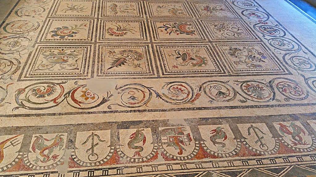 VI 17.10 Pompeii ?. July 2019. 
Detail of mosaic flooring. On display in Naples Archaeological Museum. Photo courtesy of Giuseppe Ciaramella 

