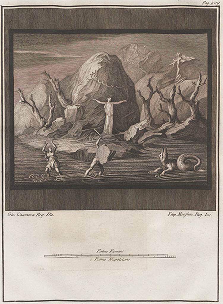 VI.17.9-10 Pompeii. 1765 drawing of painting of Andromeda on a rock being rescued by Perseus. 
See Le Pitture Antiche d’Ercolano, Tome IV, Naples, 1765, pl.61, p.307-9.
