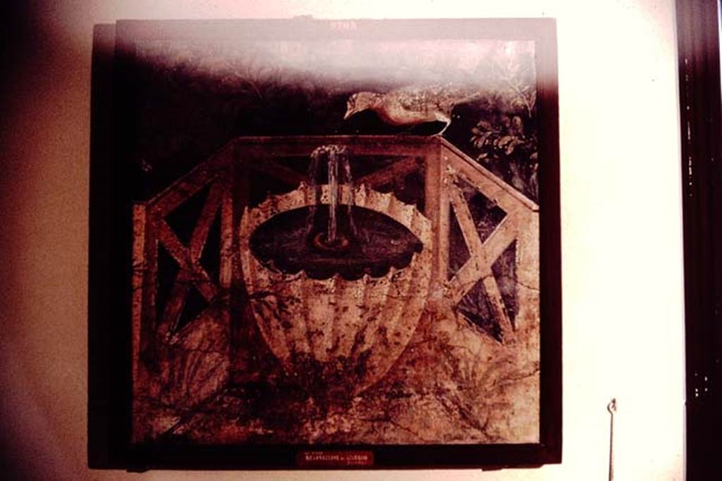 VI.17.9-11 Pompeii. 1964. Painting of bird standing on balustrade ready to drink from fountain. Photo by Stanley A. Jashemski.
Source: The Wilhelmina and Stanley A. Jashemski archive in the University of Maryland Library, Special Collections (See collection page) and made available under the Creative Commons Attribution-Non Commercial License v.4. See Licence and use details. J64f1048
Now in Naples Archaeological Museum, inventory number 9705. According to Pagano and Prisciandaro, this may have been found in the same room as other paintings on 30th June 1764. 
See Pagano, M. and Prisciandaro, R., 2006. Studio sulle provenienze degli oggetti rinvenuti negli scavi borbonici del regno di Napoli.  Naples: Nicola Longobardi.  (p.46-7)
